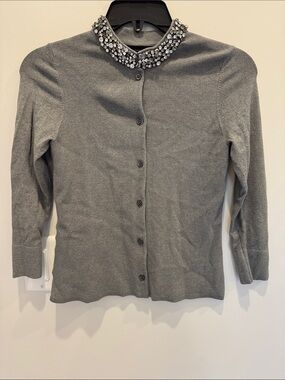 Ann Taylor Grey Cardigan with Jeweled Collar
